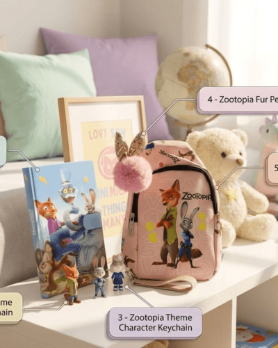 Zootopia Mini Hamper - Chest/Sling Bag, Keychain, and Diary Set & Beautiful Fur Pen